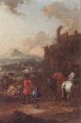 August Querfurt Cavalrymen before a hilltop town oil painting picture wholesale